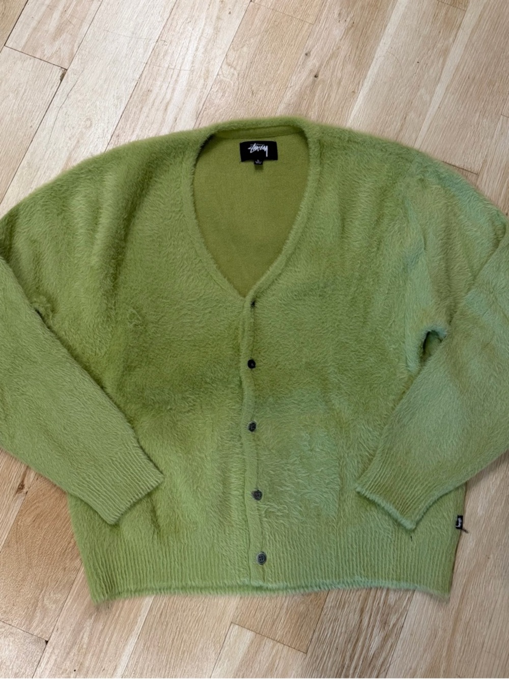 Stussy Fuzzy Lime Green V-Neck Cardigan